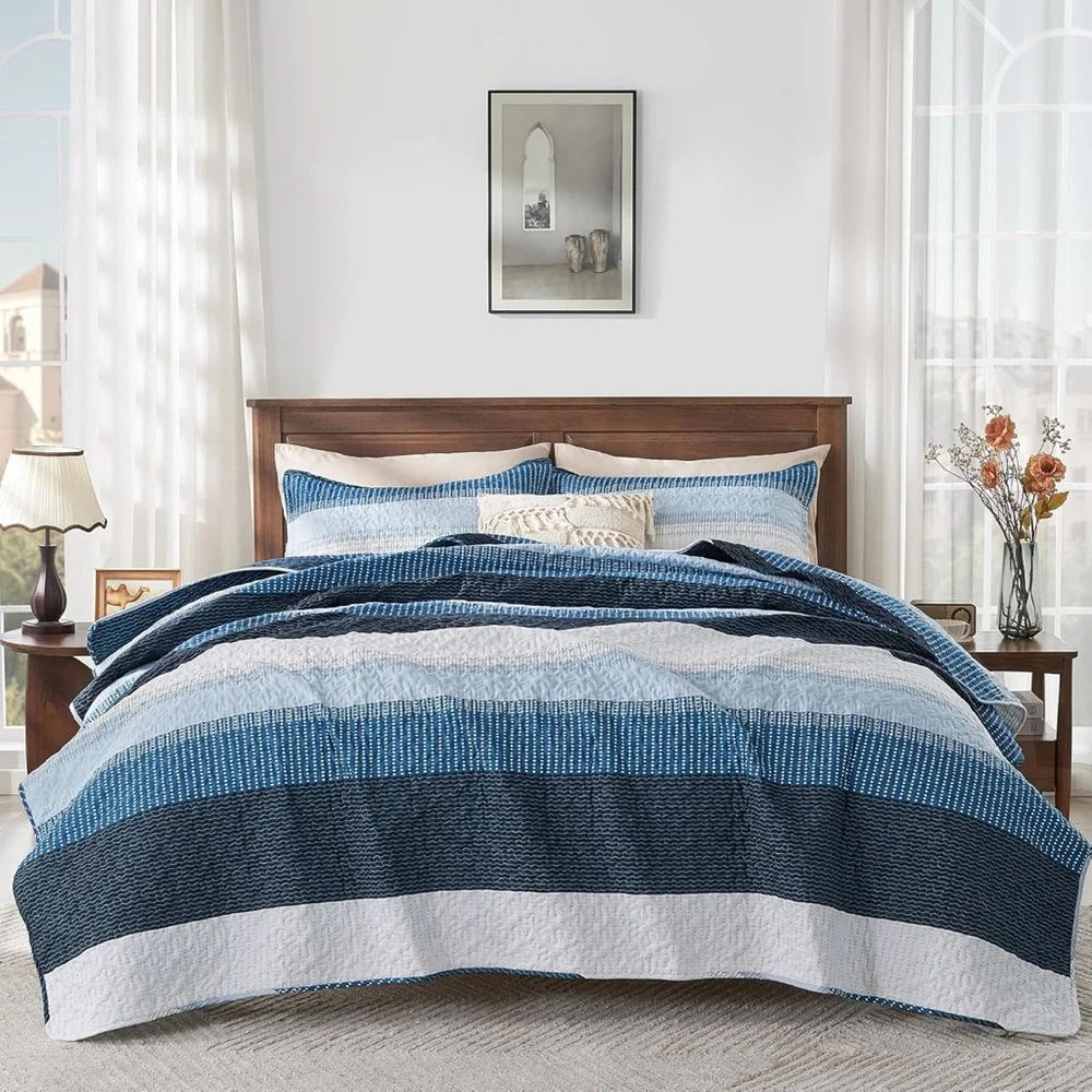 Navy Blue Striped Quilt Queen, 3 Pieces Coverlet Set New